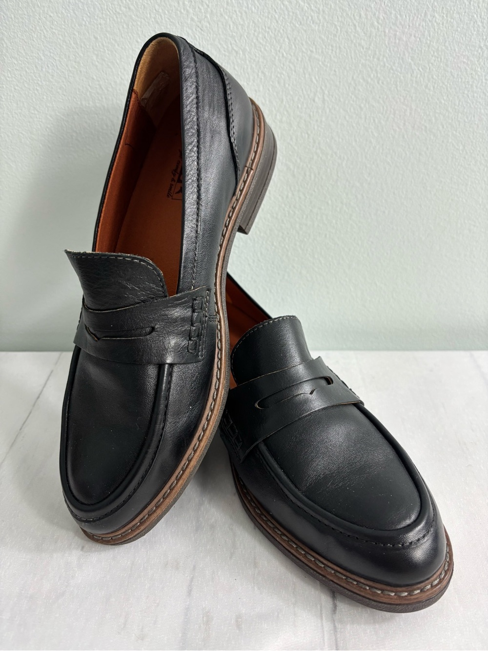 PIKOLINOS Black Leather Penny Loafers with Brown Trim